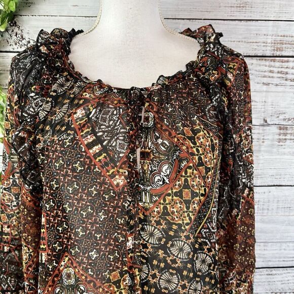 Miss Me Blouse Tunic size Small Black Brown Retro Sheer Ruffles Boho Peasant - Picture 7 of 13